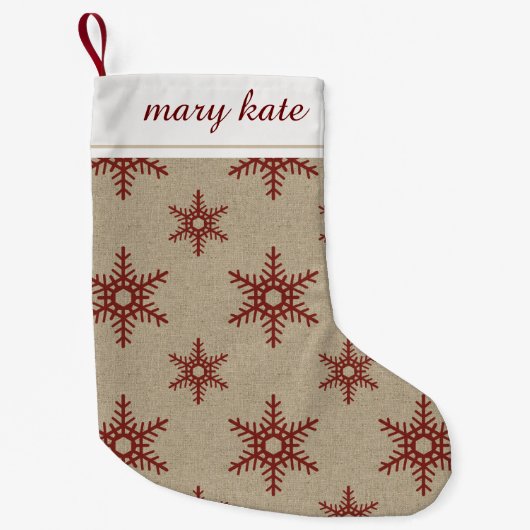 Rustic Red Faux Burlap Snowflake Pattern Kleine Kerstsok (Voorkant)