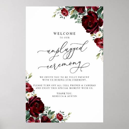 Rustic Red Floral Wedding Unplugged Ceremonie Poster (Voorkant)