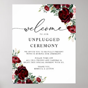 Rustic Red Floral Wedding Unplugged Ceremony Sign Poster