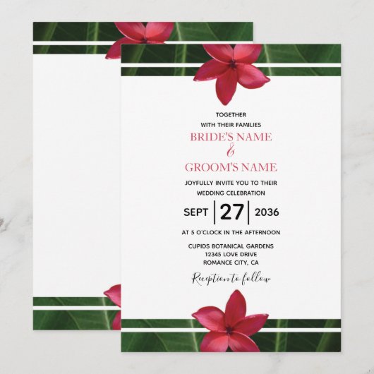 Rustic Red Frangipani Plumeria Wedding Invitations Kaart (Voorkant / Achterkant)