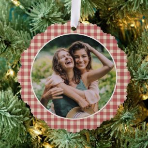 Rustic Red Gingham Foto Moderne Kerstmis Ornament Kaart