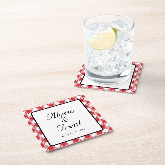 Rustic Red Gingham I DO BBQ Wedding Vierkante Kartonnen Onderzetter (Insitu)