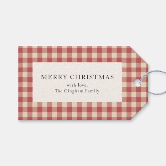 Rustic Red Gingham Modern Kerstmis Cadeaulabel (Voorkant (Horizontaal))
