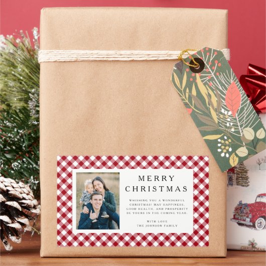 Rustic Red Gingham Photo Christmas Rechthoekige Sticker (Feestdagen)
