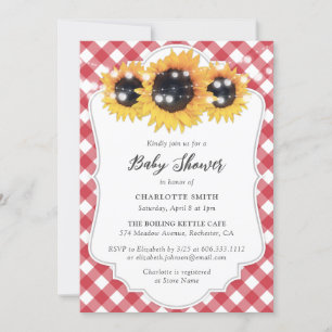 Rustic Red Gingham Sunflower Baby shower Kaart