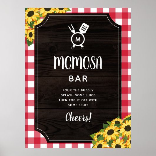 Rustic Red Gingham Sunflower Monogram Momosa Bar Poster (Voorkant)