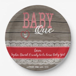 Rustic Red Gingham Wood Girl Baby shower BBQ Papieren Bordje