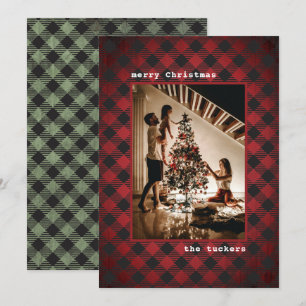 Rustic Red Green Wood & Pset Photo met kerstmis Feestdagenkaart