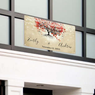 Rustic Red Heart Leaf Tree op Black Wedding Spandoek