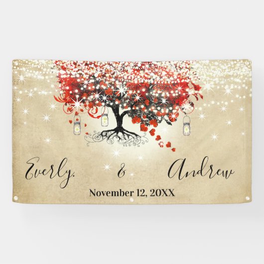 Rustic Red Heart Leaf Tree op Black Wedding Spandoek (Horizontaal)