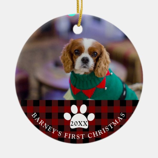 Rustic Red heeft de eerste kerstfoto van Dog gecon Keramisch Ornament (Voorkant)