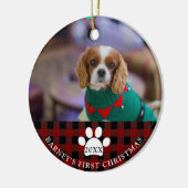 Rustic Red heeft de eerste kerstfoto van Dog gecon Keramisch Ornament (Links)