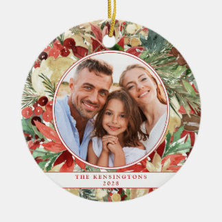 Rustic Red Holiday Floral kerstfoto keramiek Keramisch Ornament
