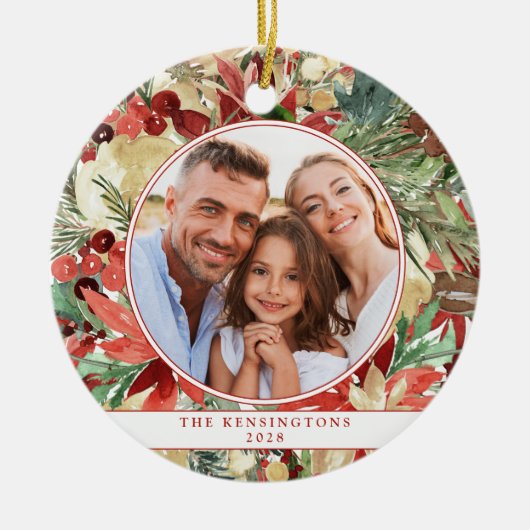 Rustic Red Holiday Floral kerstfoto keramiek Keramisch Ornament (Voorkant)
