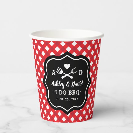 Rustic Red I Do BBQ Custom Wedding Monogram Papieren Bekers (Achterkant)