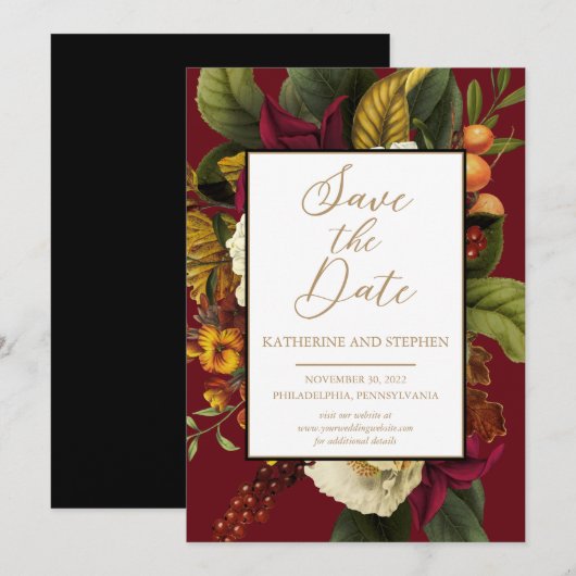 Rustic Red | Oranje Floral Bouquet Save the Date (Voorkant / Achterkant)