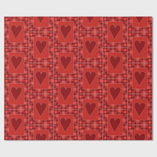 Rustic Red Patchwork Heart Quilt Cadeaupapier (Vlak)