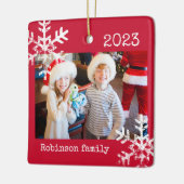Rustic Red Photo Ornament met Snowflakes (Links)