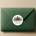 Rustic Red Plaid Arbres de Noël Retourner l'adress<br><div class="desc">Cet autocollant rond de l'adresse de retour de vacances rustique présente un plaid rouge branché et des arbres de Noël verts au-dessus de votre message Joyeux Noël. Un look mignon et traditionnel qui est actuellement de nouveau dans le style, ces étiquettes festifs sont parfaits pour une famille qui aime un...</div>