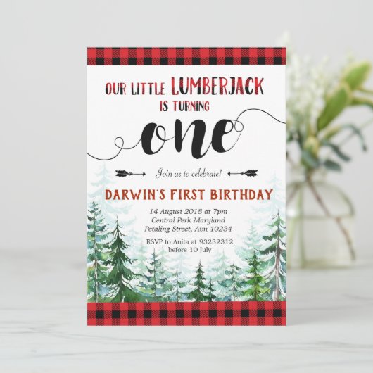 Rustic Red Plaid Boy Invitation d'anniversaire (Debout devant)