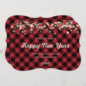 Rustic Red Plaid Lights Stars New Year Card Feestdagenkaart (Voorkant / Achterkant)