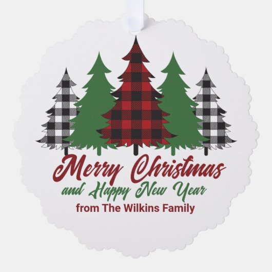 Rustic Red Plaid Merry Christmas Happy New Year Ornament Kaart (Voorkant)