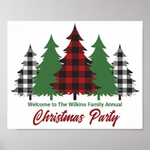 Rustic Red Plaid Merry Christmas Trees Party Poster