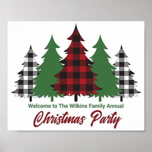 Rustic Red Plaid Merry Christmas Trees Party Poster (Voorkant)