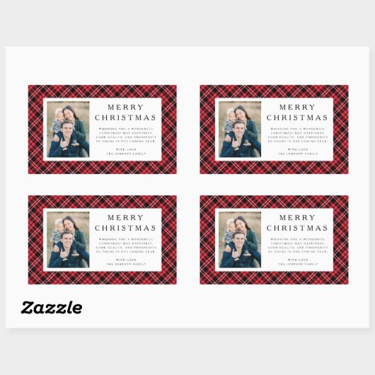 Rustic Red Plaid Photo Christmas Rechthoekige Sticker (Vel)