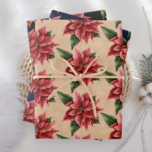 Rustic Red Poinsettia Floral Pattern kerst Inpakpapier Vel