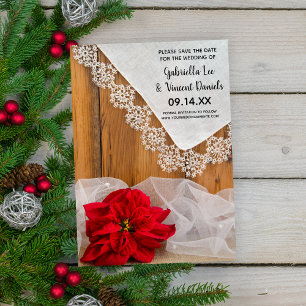 Rustic Red Poinsettia Lace Winter Save the Date Kaart