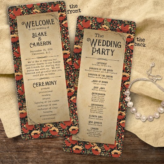 Rustic Red Poppies Programme Vintage de mariage en