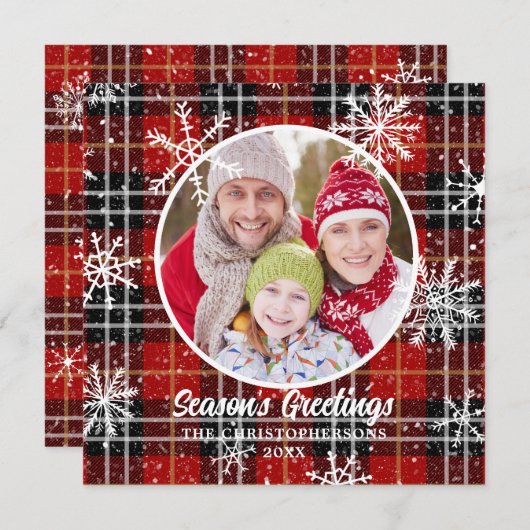 Rustic Red Pset Snowflakes Custom Greeting Feestdagenkaart (Voorkant / Achterkant)