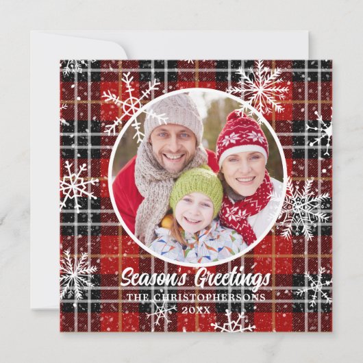 Rustic Red Pset Snowflakes Custom Greeting Feestdagenkaart (Voorkant)