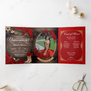 Rustic Red Rose Charro Land Western Quinceañera Drieluik Uitnodiging