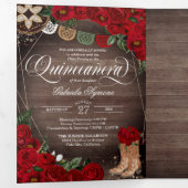 Rustic Red Rose Charro Land Western Quinceañera Drieluik Uitnodiging (Binnenzijde eerst)