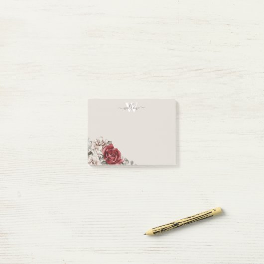 Rustic Red Rose Monogram Floral Post-it Notes (Op bureau)