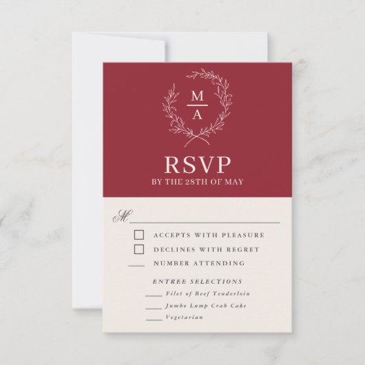 Rustic Red Simple Elegant Monogram RSVP met maalti (Voorkant)