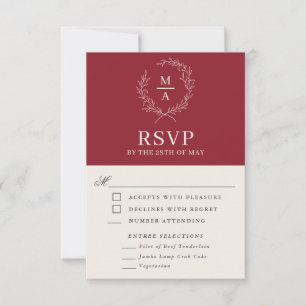 Rustic Red Simple Elegant Monogram RSVP met maalti Kaartje
