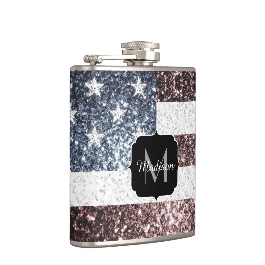 Rustic Red White Blue Sparkles USA vlag Monogram Heupfles (Rechts)