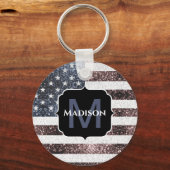 Rustic Red White Blue Sparkles USA vlag Monogram Sleutelhanger (Voorkant)