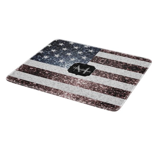 Rustic Red White Blue Sparkles USA vlag Monogram Snijplank (Hoek)