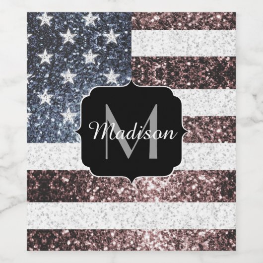 Rustic Red White Blue Sparkles USA vlag Monogram Wijn Etiket (Enkel label)