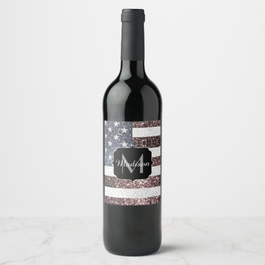 Rustic Red White Blue Sparkles USA vlag Monogram Wijn Etiket (Voorkant)