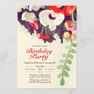 Rustic Red White Floral Art Birthday Party Invite Kaart