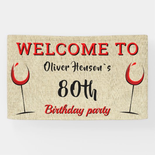 Rustic Red Wine Glass 80th Birthday Party Spandoek (Horizontaal)