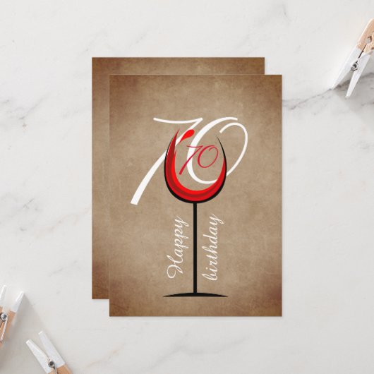 Rustic Red Wine Glass Script 70th Birthday Kaart (Voorkant / Achterkant in situ)