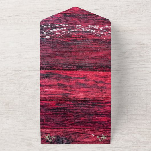 Rustic Red Wood String Lights Wedding All In One Uitnodiging (Buitenkant)