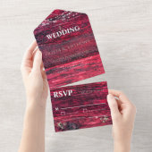 Rustic Red Wood String Lights Wedding All In One Uitnodiging (Afscheurbaar)