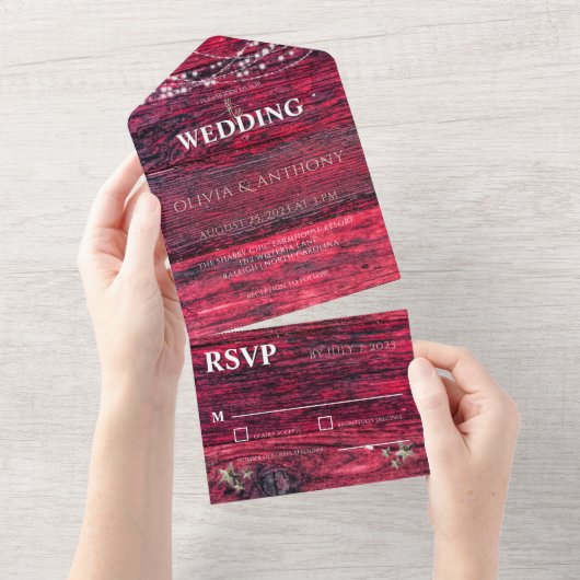 Rustic Red Wood String Lights Wedding All In One Uitnodiging (Afscheurbaar)